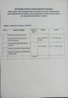 Katsina State Scholarship Board time table for distribution of awards/interview of fresh applicants