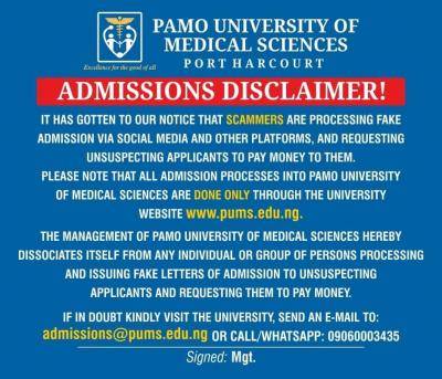 Pamo University of Medical Sciences admission disclaimer notice