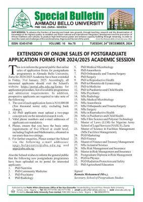 ABU extends online sales of postgraduate Application forms FOR 2024/2025 Academic session