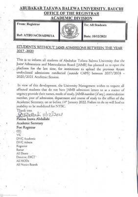 ATBU notice to students without JAMB admissions between 2017-2020