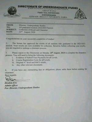 ABU Zaria notice on Collection of Result and Clearance for graduated students