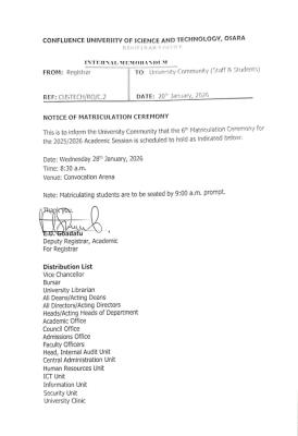 CUSTECH schedules 6th matriculation ceremony