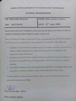 ESUT notice on Registration of Courses and Upload of Results for NELFUND Beneficiaries