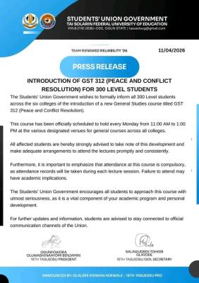 TASUED SUG notice to 300 level students on introduction of a new course - GST 312