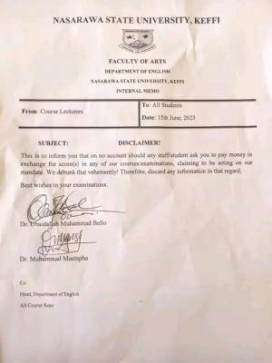 NSUK, Faculty of Arts notice to students