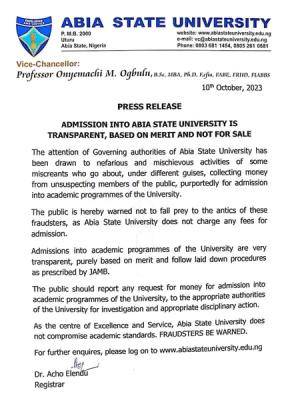 ABSU admission is transparent, based on merit and not for sale - Vice Chancellor