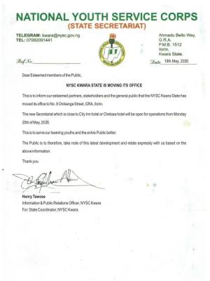 NYSC Kwara State Secretariat announces relocation to new office in Ilorin