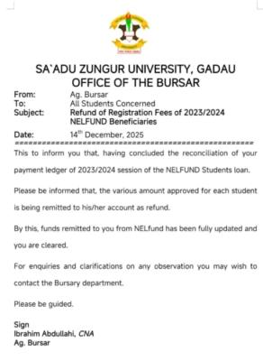 SAZU notice on refund of registration fees to 2023/2024 NELFUND beneficiaries