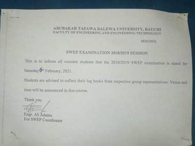 ATBU, Faculty of Engineering SWEP Examination notice, 2018/2019
