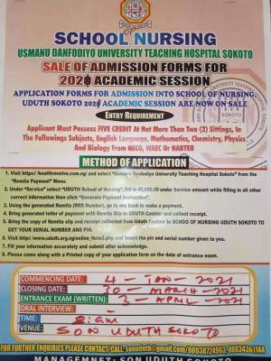 School of Nursing Usman Danfodio University Teaching Hospital 2020 admission form