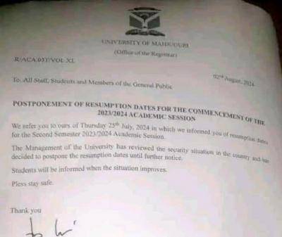 UNIMAID postpones 2nd semester resumption date, 2023/2024