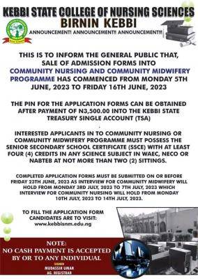 Kebbi State College of Nursing, Birnin Community Nursing & Midwifery form, 2023/2024