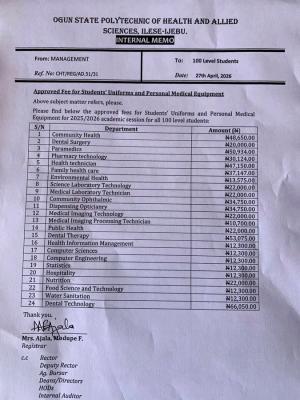 Ogun State Poly of Health & Allied Sciences notice to 100 level students on uniform & equipment fees