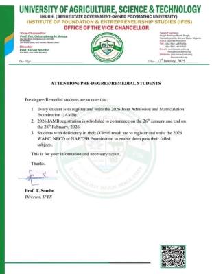 University of Agriculture, Science & Technology, Ihugh notice to Pre-Degree/Remedial Students