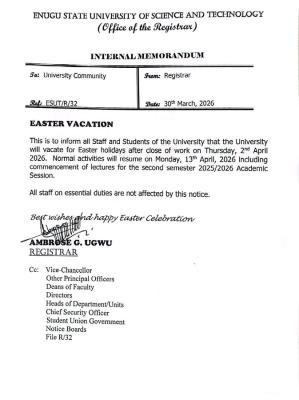 ESUT notice on Easter break