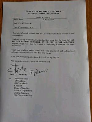 UNIPORT issues important warning to students on exam conduct