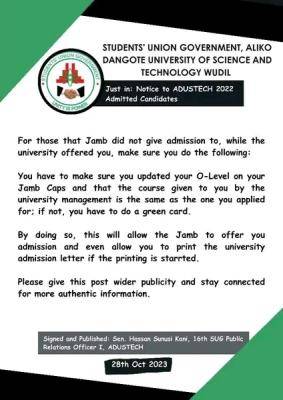 ADUSTECH SUG important notice to admitted candidates yet to receive admission from JAMB