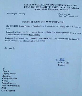 FCE Eha-Amufu notice on commencement of 2nd semester exam, 2020/2021
