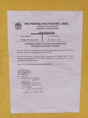 Bida Poly notice on commencement of 2nd semester 2021/2022 session