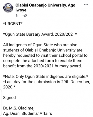 vsB1oJNyzqayfRRBCzqRyfIdgnl2CODUH4JaPMJm OOU notice to students from Ogun State on 2020/2021 bursary award