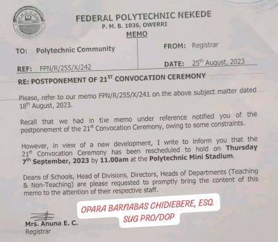 Fed Poly Nekede announces new date for 21st Convocation Ceremony