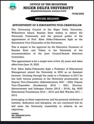 Niger Delta University appoints Substantive Vice-Chancellor