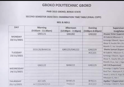 Gboko Polytechnic Second Semester Examination timetable, 2020/2021