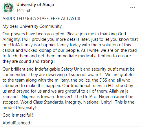 Abducted University of Abuja staff regain their freedom