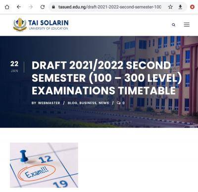 TASUED draft examination timetable for 2nd semester (100 - 300 Level), 2021/2022