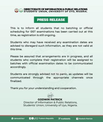 UNIUYO SUG update on scheduling for GST examinations