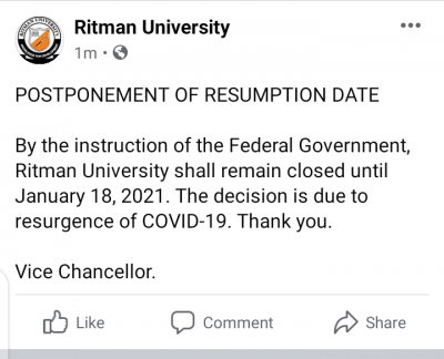 Ritman University postpones resumption