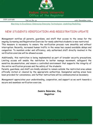KASU notice on restriction of access during news students verification exercise