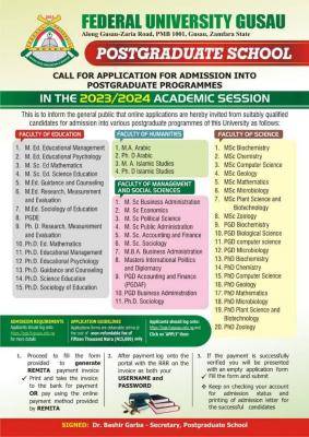 FUGUSAU Postgraduate admission for 2023/2024 session