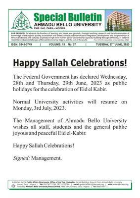 ABU notice on commencement of Sallah Break