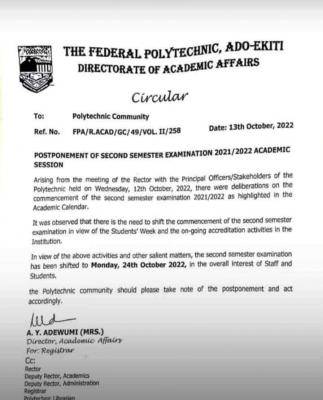 Fed Poly Ado-ekiti postpones second semester examination, 2021/2022