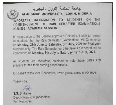Alhikmah University notice on commencement of rain semester, 2020/2021 exam