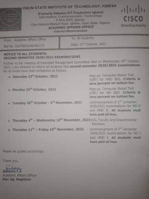 OGITECH notice on 2nd semester examination, 2020/2021