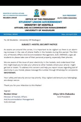 UNIMAID SUG notice on Hostel Security