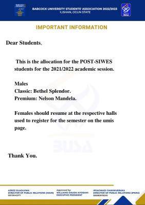 BUSA notice to POST-SIWES students on Hall Allocation