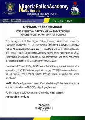 NPA notice to 2nd & 3rd Regular graduates on registration for NYSC Exemption Certificate