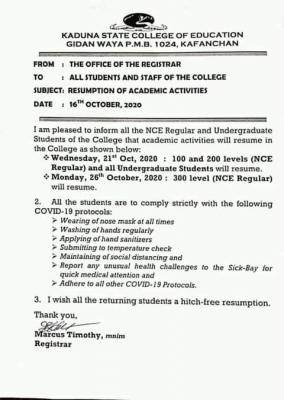Kaduna State College of Education, Kafanchan resumption date