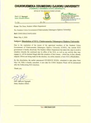 COOU announces dissolution of SUG, cancels students week