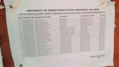 UNICROSS Direct Entry 1st batch admission list, 2022/2023