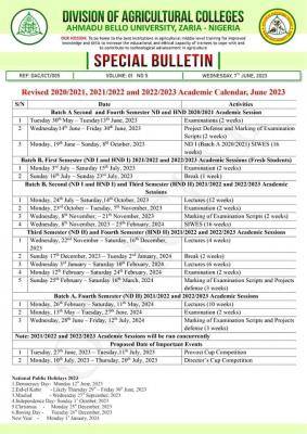Division of Agriculture College, ABU Zaria revised academic calendar, 2020/2021/2022
