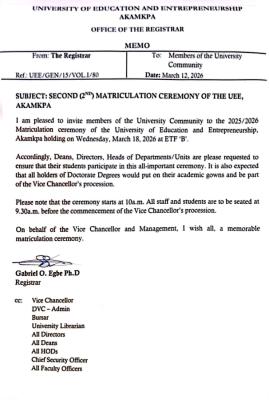 UEE Akamkpa announces 2nd Matriculation Ceremony