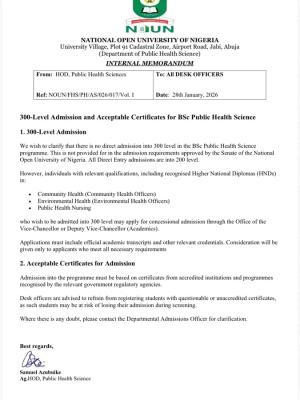 NOUN update on 300-level admission and acceptable certificates for Public Health Science