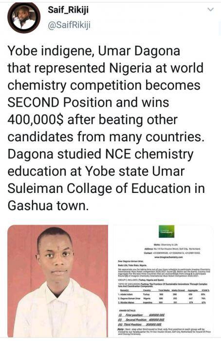 USCOEGA graduate, Umar Usman wins big at the world chemistry competition