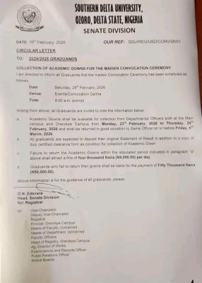 Southern Delta University notice to graduands on collection of gowns for the Maiden Convocation Ceremony