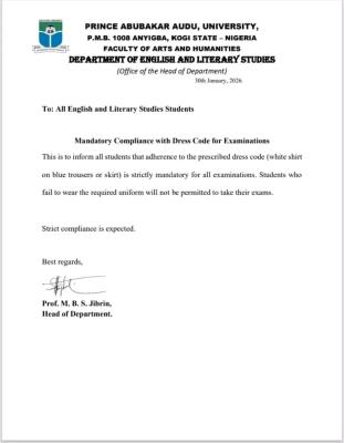 PAAU Dept. of English and Literary Studies notice on mandatory compliance with dress code for exams