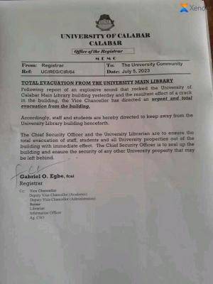 UNICAL notice on total evacuation from University main library